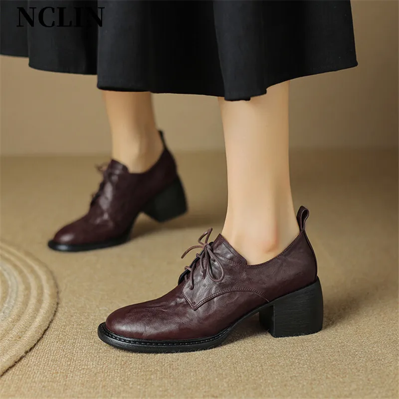 

New Genuine Leather Loafers Women Spring/Autumn Round Toe Chunky Heel Women Pumps Lace Shoes For Women Ladies Shoes High Heels