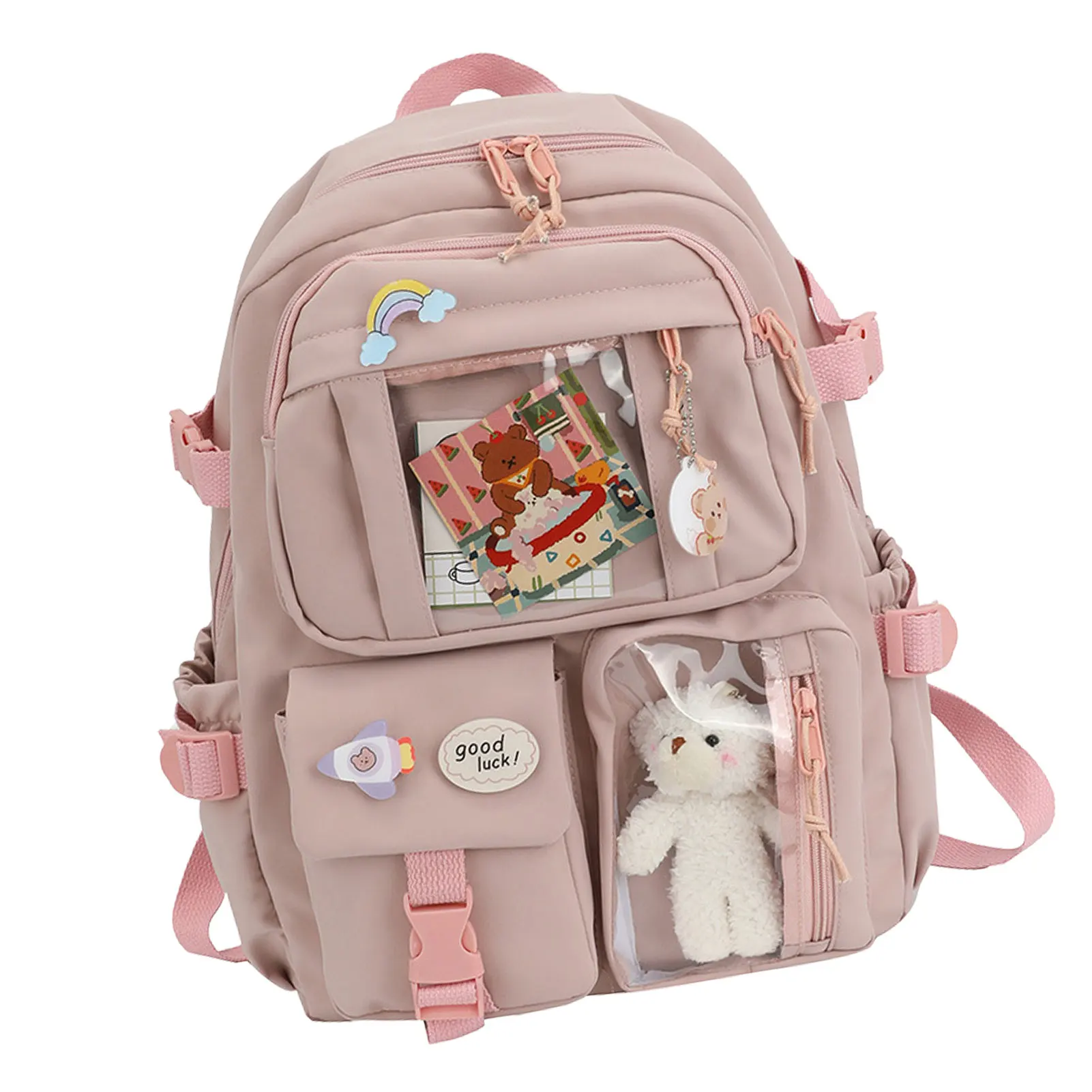 

Милый рюкзак, сумка через плечо с булавкой и аксессуарами, черные/розовые/кремово-белые/зеленые школьные ранцы для девочек с искусственным рисунком