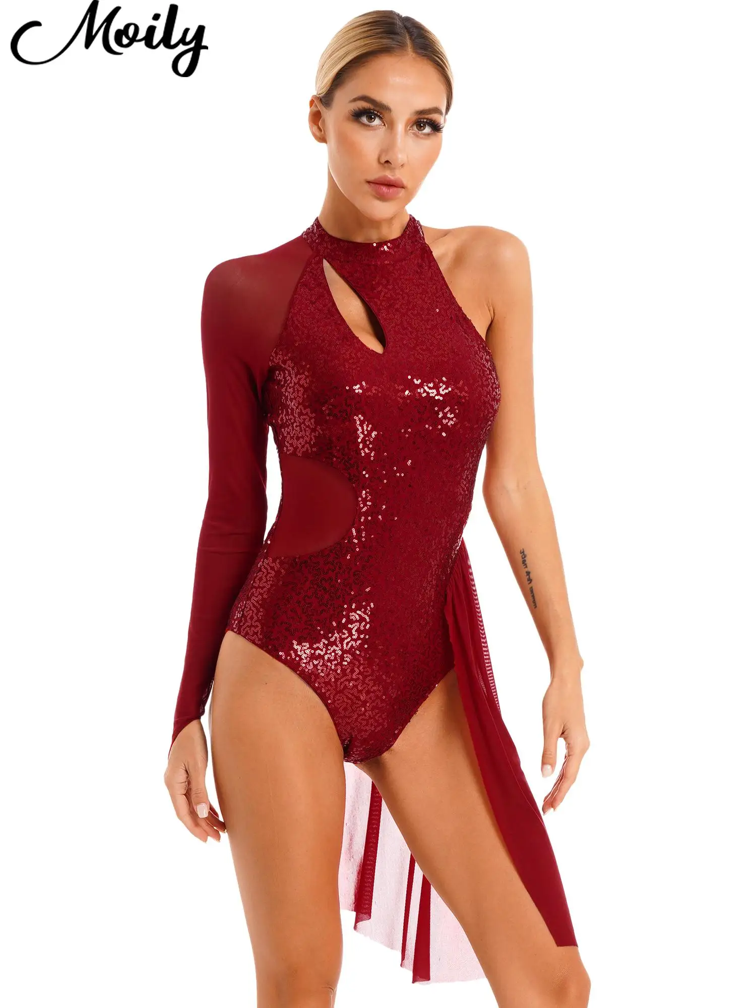 

Women Figure Skating Dress Glitter Sequins Leotard Dancewear One Shoulder Sheer Mesh Long Sleeve Halter Contemporary Dance Dress