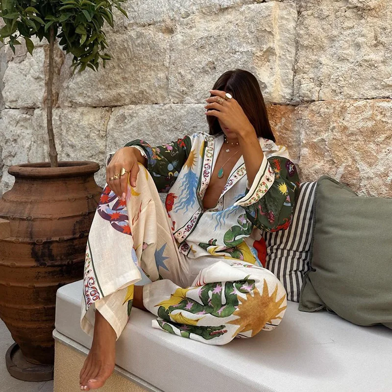 Women Suit 2 piece Suit Set Spring Summer Loose Long sleeve Floral Printed Blouse Shirt+Wide leg Elestic Waist Pants Fashion Set