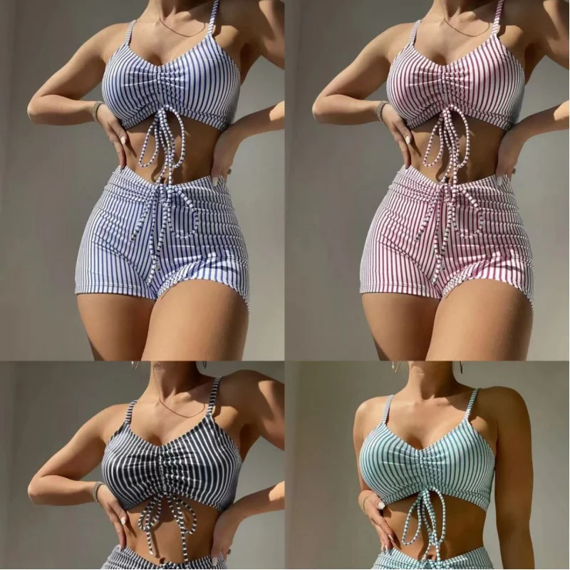 New Striped Printed Drawstring Lace High Waist Split Boxers Conservative Swimwear Swimsuit