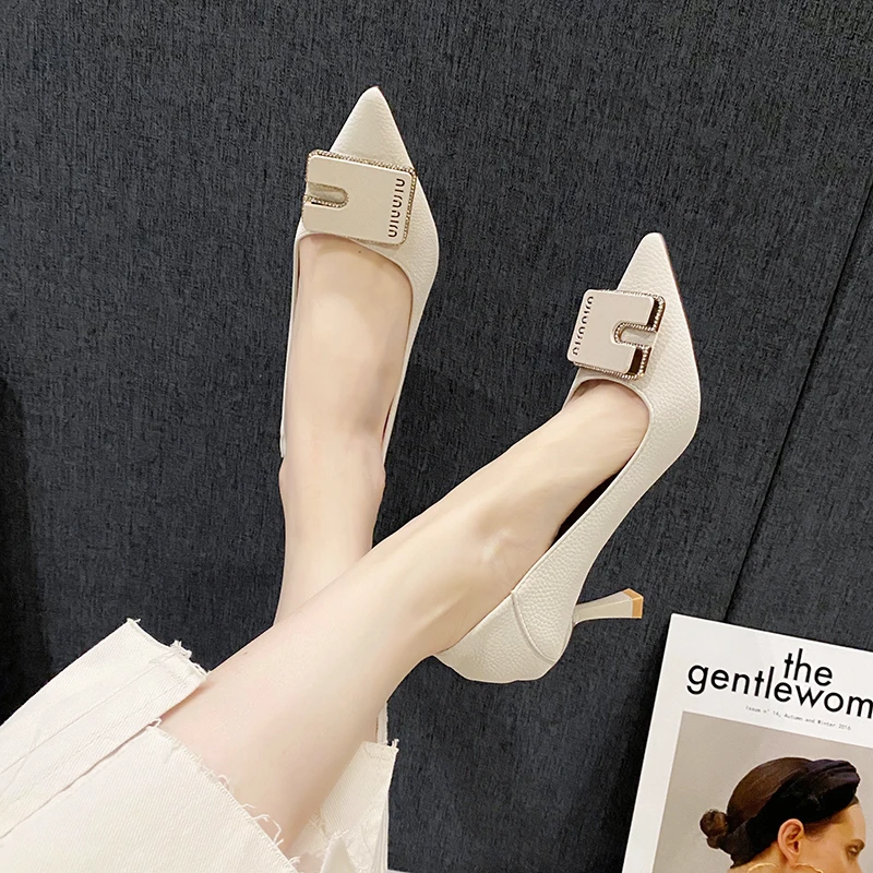 Women's Shoes Fashion Non-slip Square Buckle Bridesmaid Wedding Shoes Solid Color Flocked Pointed Stiletto Heels French Heels