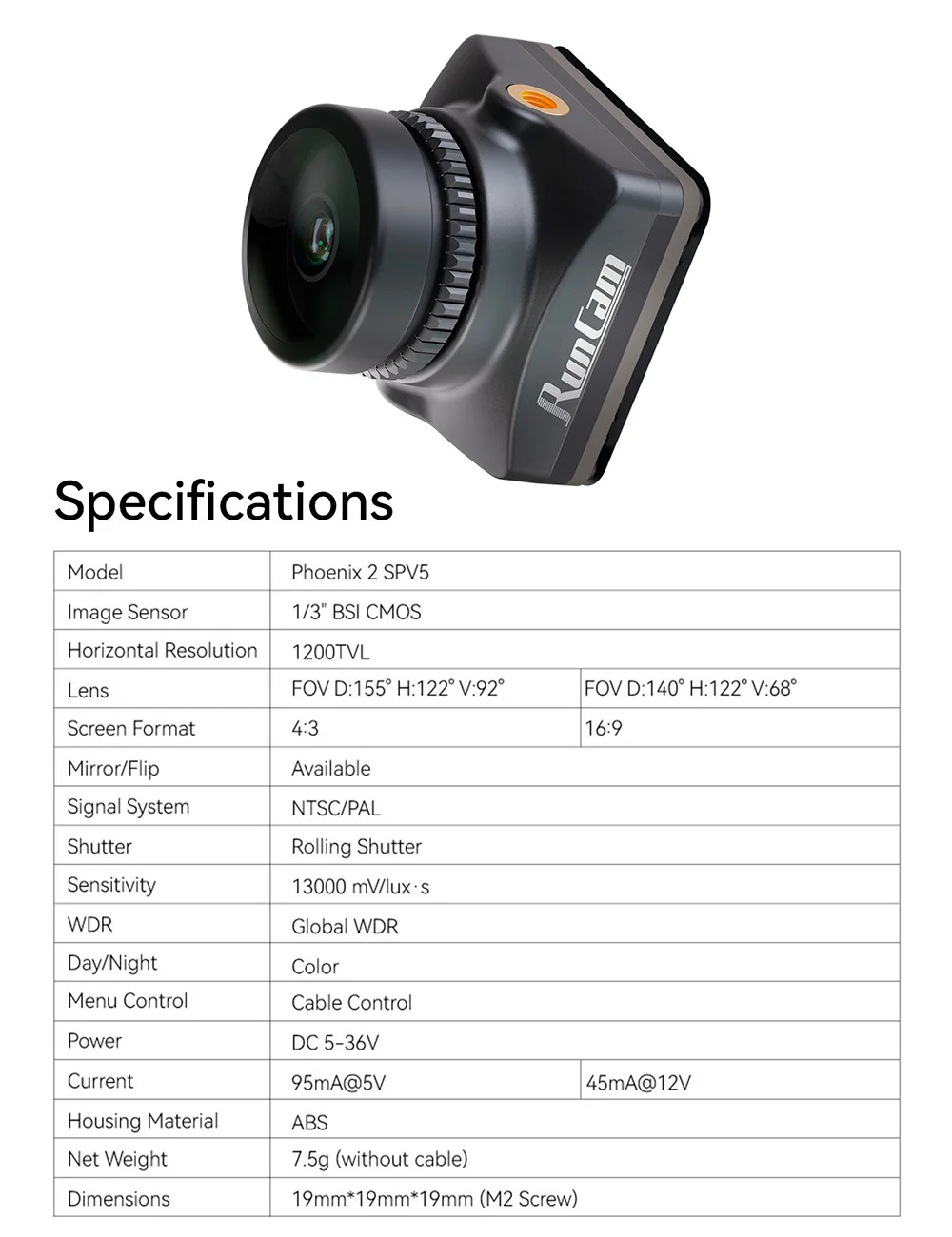 RunCam Phoenix 2 SPV5 Caméra FPV 1200TVL 19x19mm Global WDR