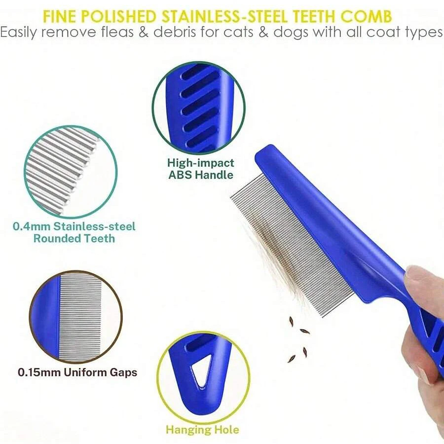An infographic highlighting the technical details of a blue pet grooming comb. Four circular inset images provide close-up views: 0.4mm stainless-steel rounded teeth, a high-impact ABS handle, 0.15mm uniform gaps between teeth, and a hanging hole at the base of the handle. A hand is shown holding the long-handled comb, which is catching small debris.