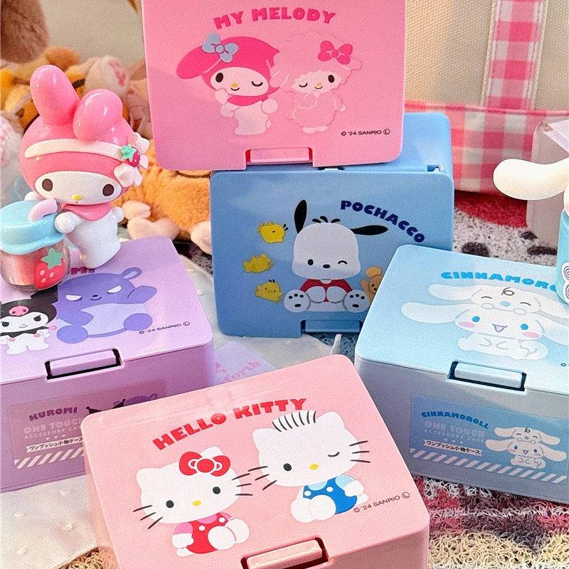 

Kawaii Hello Kitty Pochacco Melody Kuromi Flip Cover Dust Proof Jewelry Boxes Girl Cartoon Desktop Organizing Items Storage Boxs