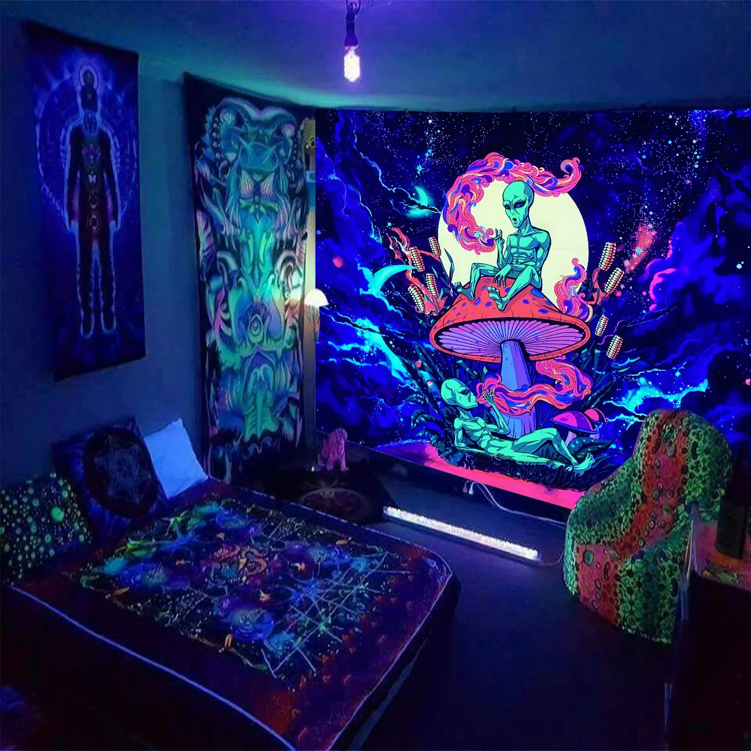 

Hug Skull Fluorescent Black Light Tapestry Aesthetic Wall Hanging Hippie for Bedroom Independent Room Decoration