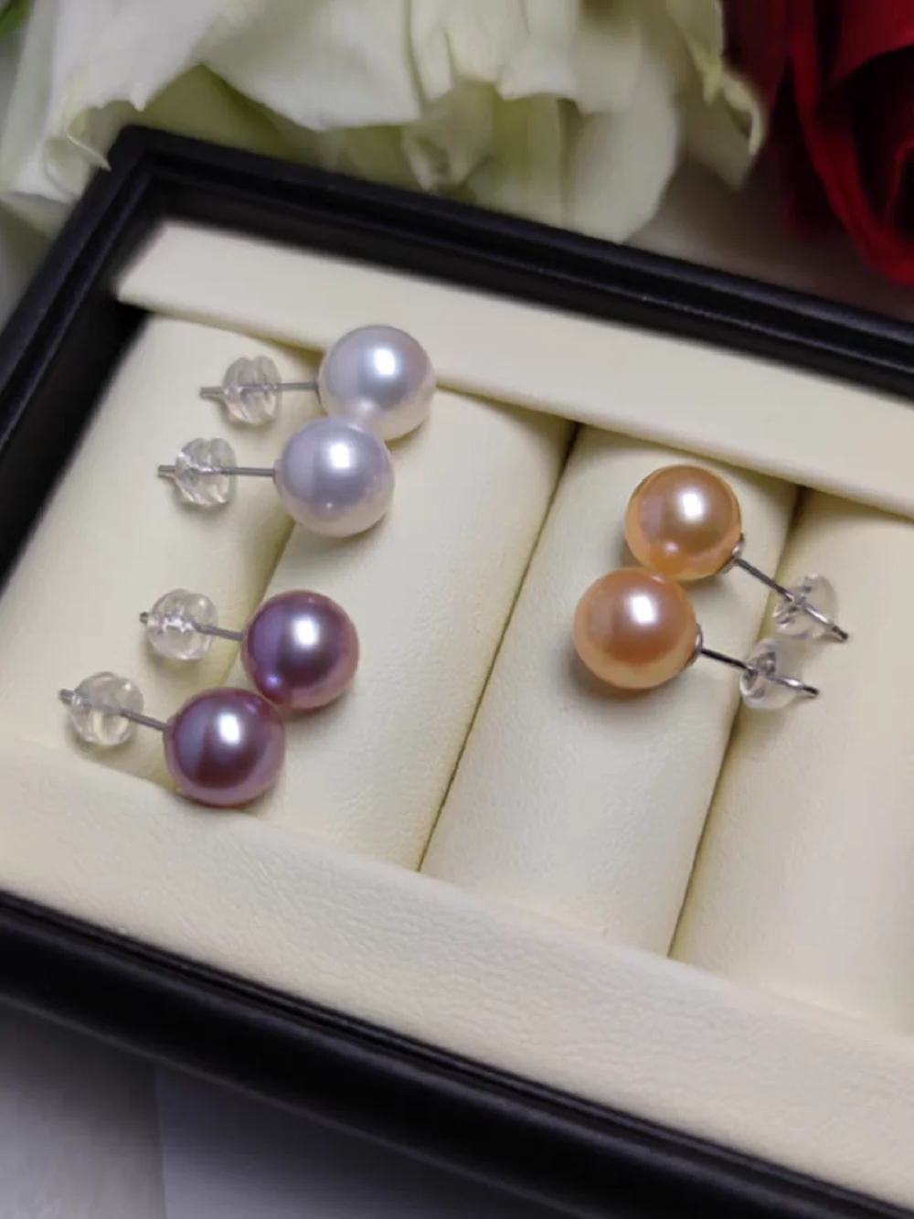 

new AAA++ 9-10mm 10-11mm akoya round White pink purple pearl earring 925 gift box