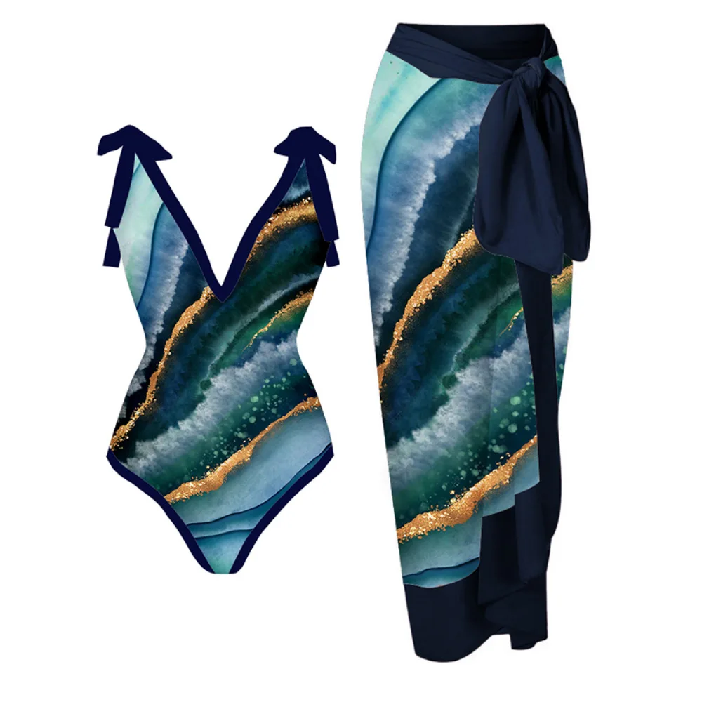 

2023 New One Piece Swimwear Women's Two Piece Set Skirt Multi Color Printed Sexy European and American Bikini