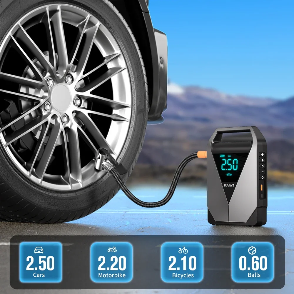 BUVAYE Car Jump Starter Air Pump 150PSI Air Compressor Tire Pump 3000A Car Booster Starting Device 12000mAh Battery Booster Pack