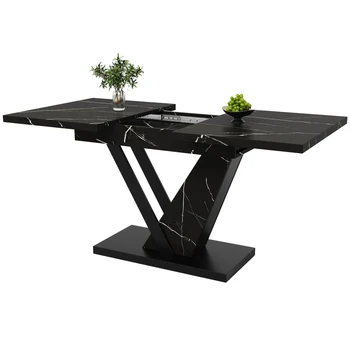 Tavolo da pranzo telescopico 120-160 cm con inserti interni, per cucina e soggiorno, tavolo da pranzo con motivo marmo nero 1