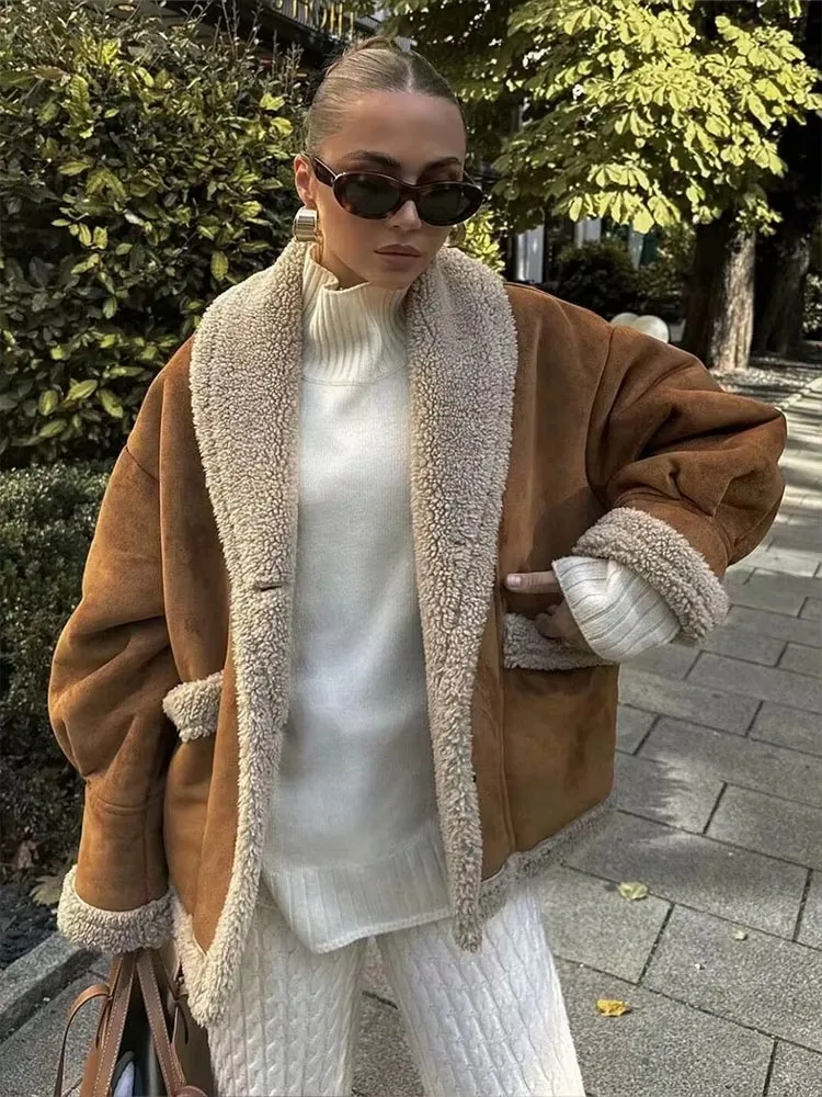 HH Women Casual Fleece Lined Warm Jacket Autumn Winter Coat V Neck Long Sleeve Jackets Loose Outfit Outerwear