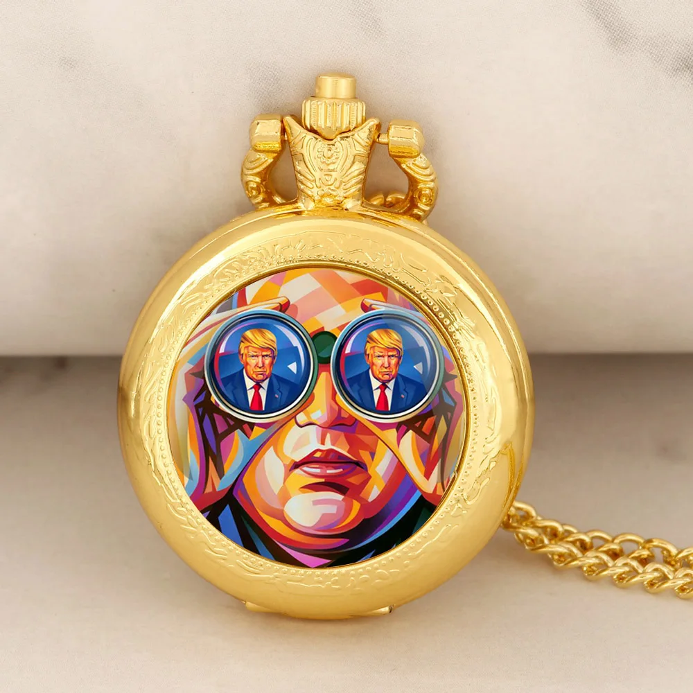 

New Funny Trump Glass Dome Gold Quartz Pocket Watch Women Men Necklace Unique Pendant Clock Watch Jewelry Gift Accessories