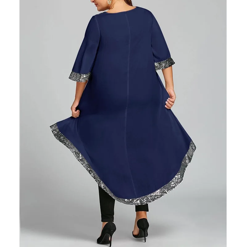 Spring Summer Solid Color Irregular Skirt Office Lady Round Neck Patchwork Bright Silk Half Sleeve Plus Size Dress for Women