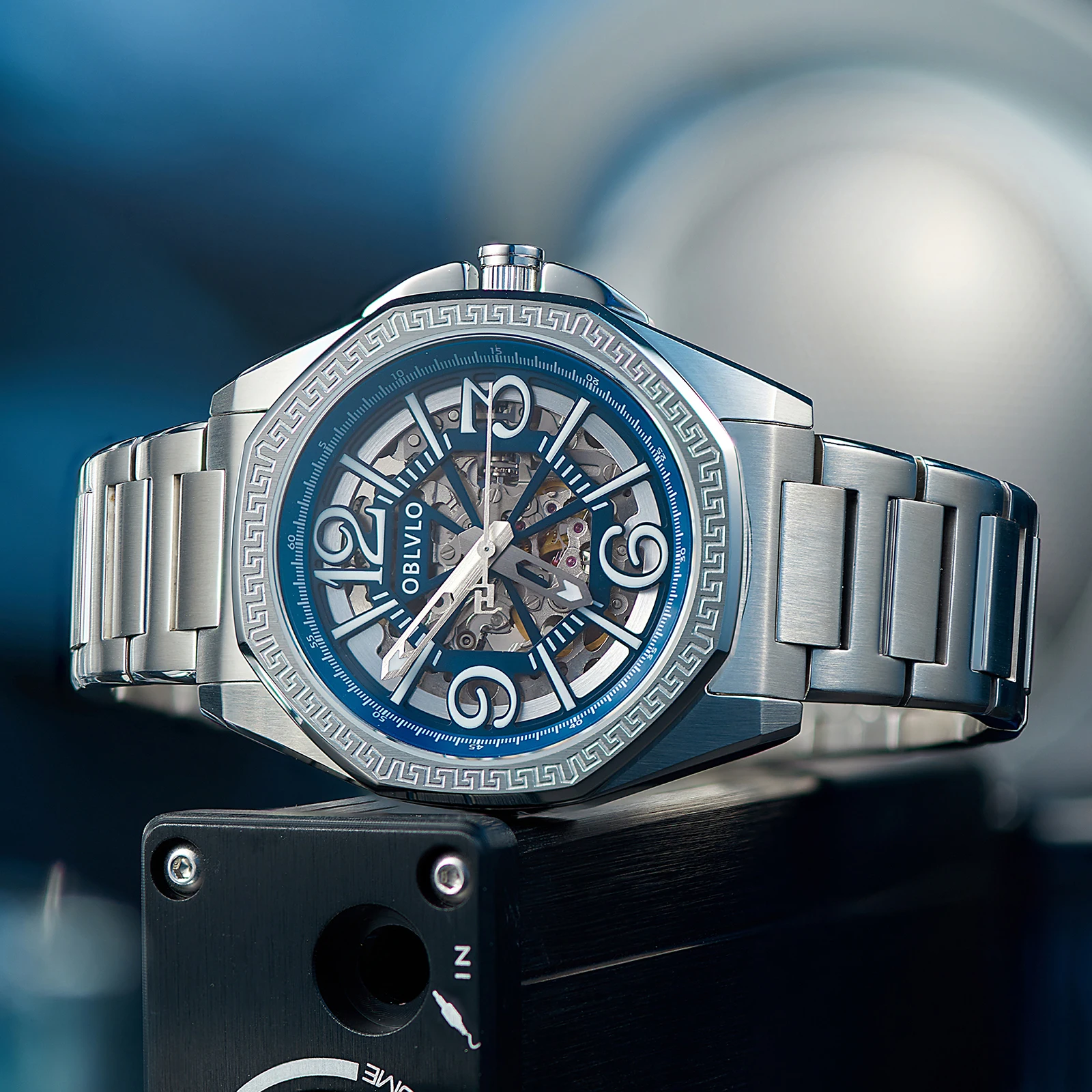 OBLVLO Orologio Uomo Lusso Automatico Scheletro – Cassa Oro Rosa E Vetro Zaffiro – Movimento Meccanico A Vista