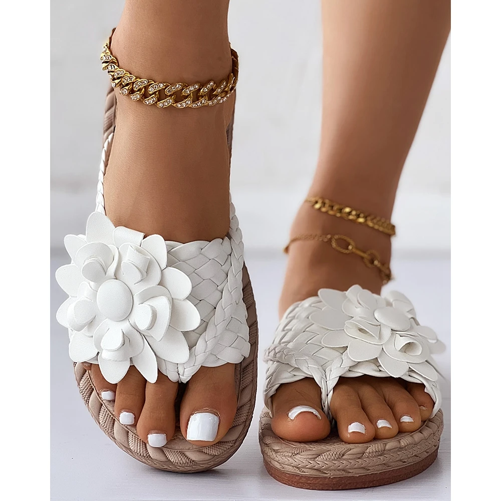 Fashion Women Floral Pattern Beach Flip Flops Slippers Lady Summer Casual Going Out Braided Toe Post Design Sandals Beach Shoes