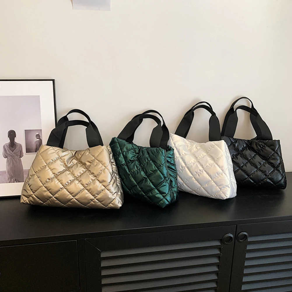 Fashion Tote Bag Autumn Winter Cotton Padded Shopping Bag Large Capacity Rhombus Pattern Quilted Travel Purse for Women Girl