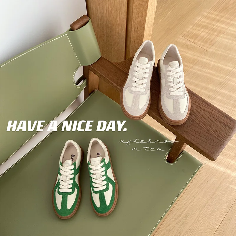 

Colorblock Leather Training Shoes Vintage Round Toe Lace-up Raw Rubber Sole Sneakers Women Classic Casual Zapatos Mujer