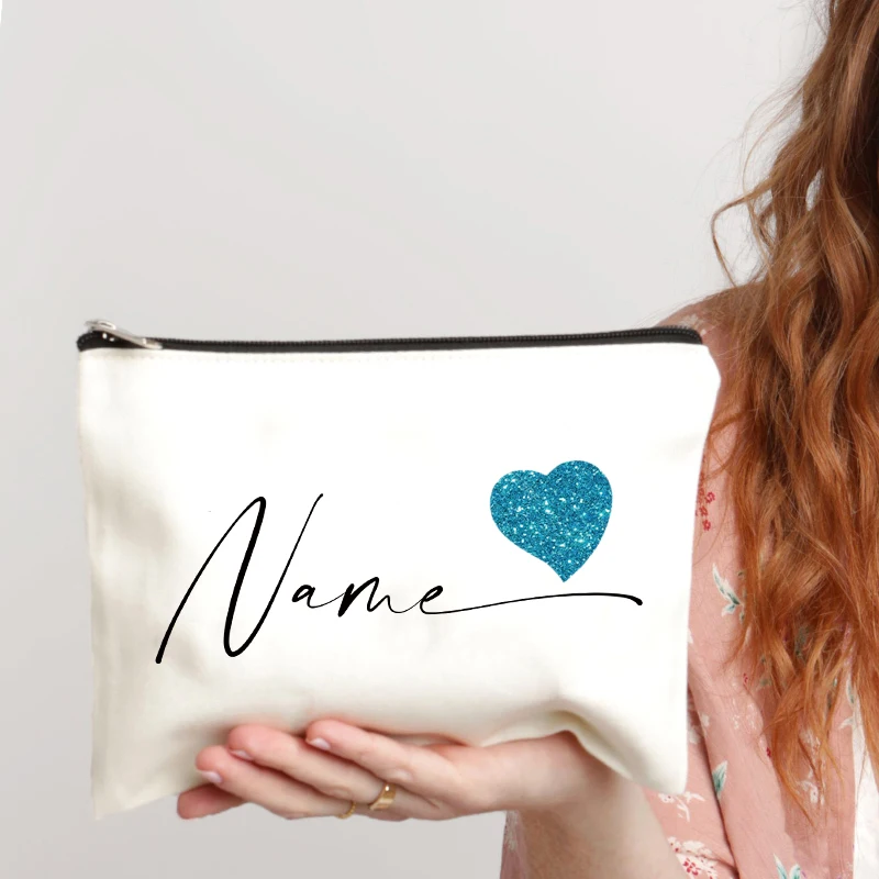 Heart Custom Name Simple Makeup Bag Organizer Travel Cosmetic Canvas Storage Pouch Women Pencil Case Purse Wedding Spouse Gift 4
