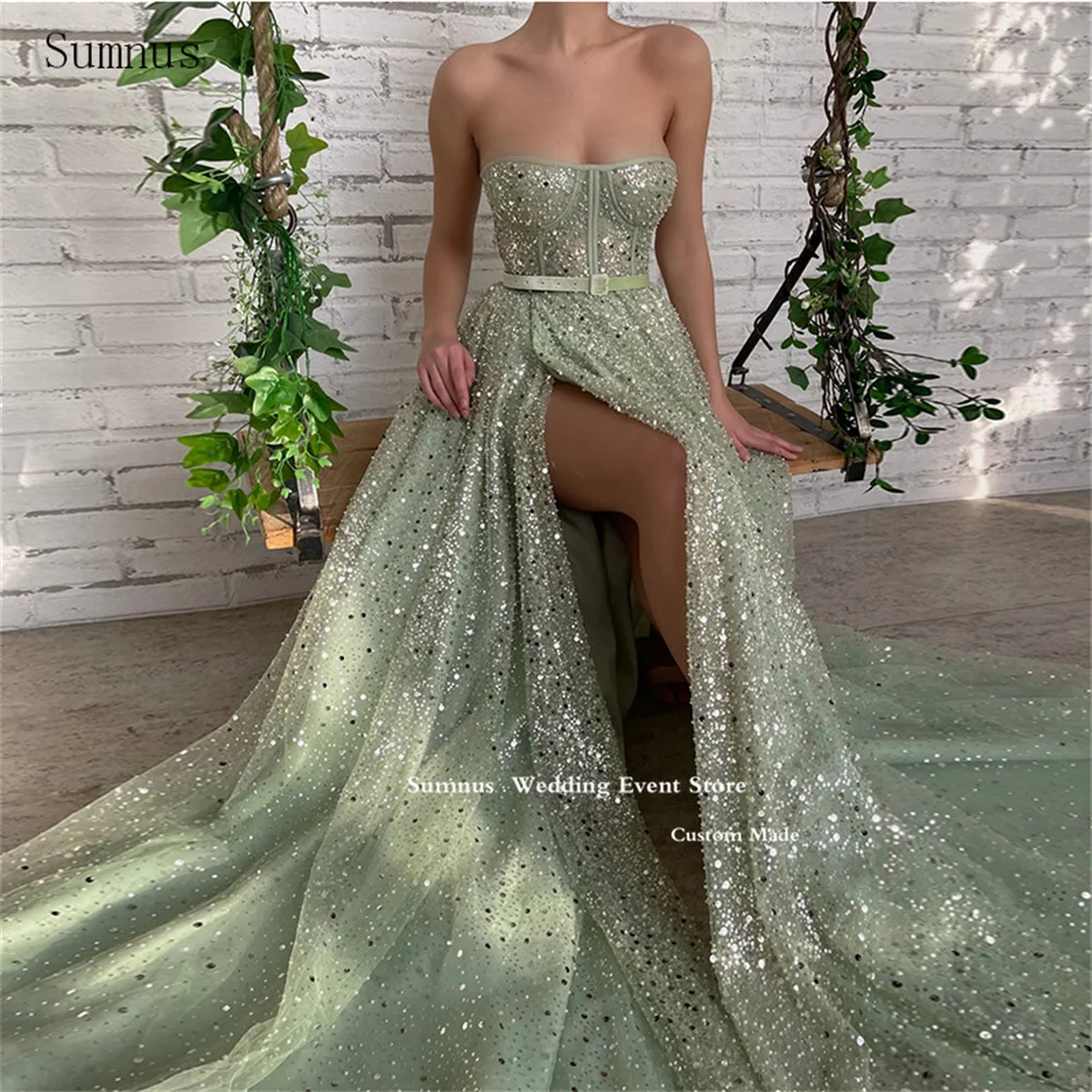 

Sumnus Green Strapless Graceful Prom Dresses Sequined Sparkle Glitter Backless Long High Slit Luxury Evening Dresses 2023