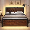 Led Bed Frame Queen/Full/King Size with Charging Station, Industrial Platform Bed Frame with Rustic Barn Door Wood Headboard 1