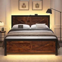 Led Bed Frame Queen/Full/King Size with Charging Station, Industrial Platform Bed Frame with Rustic Barn Door Wood Headboard 1