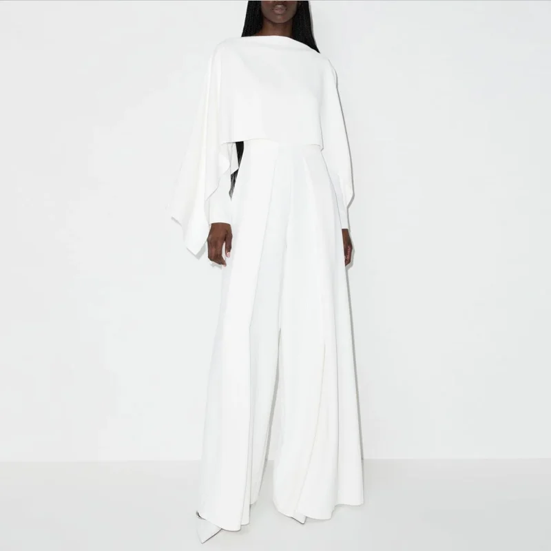 

Women's Fashion Evening Jumpsuits Shawl Collar Long Sleeve Solid Color High Waist Female Playsuits Summer Elegant Rompers