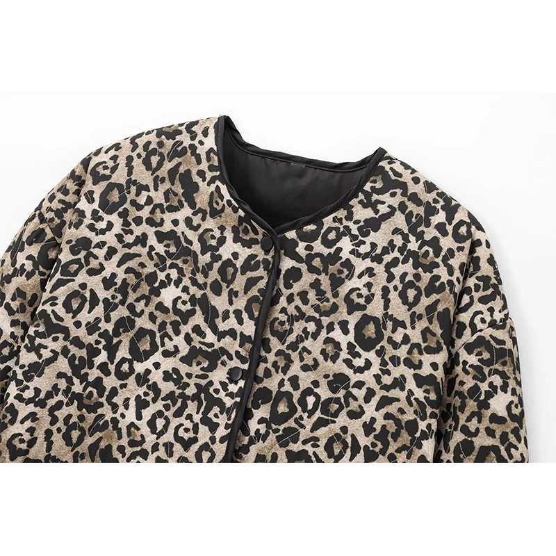 TRAF Winter Coat Female Leopard Print Quilted Jacket Woman Vintage Long Sleeve Short Coats Autumn Parkas Outerwear