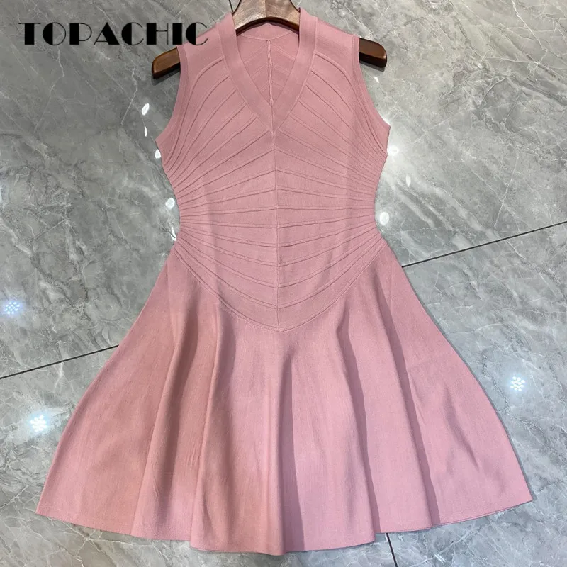 

8.26 Women's Temperament Sweet Pink Jacquard Spliced V-Neck Sleeveless Stretchy Knitted Mini Dress