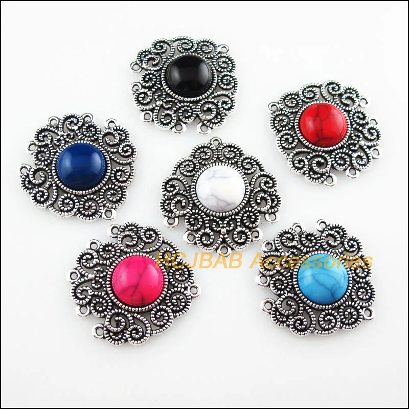 

6Pcs Tibetan Silver Plated Flower Mixed Stone Charms Pendant Connectors 30x32mm
