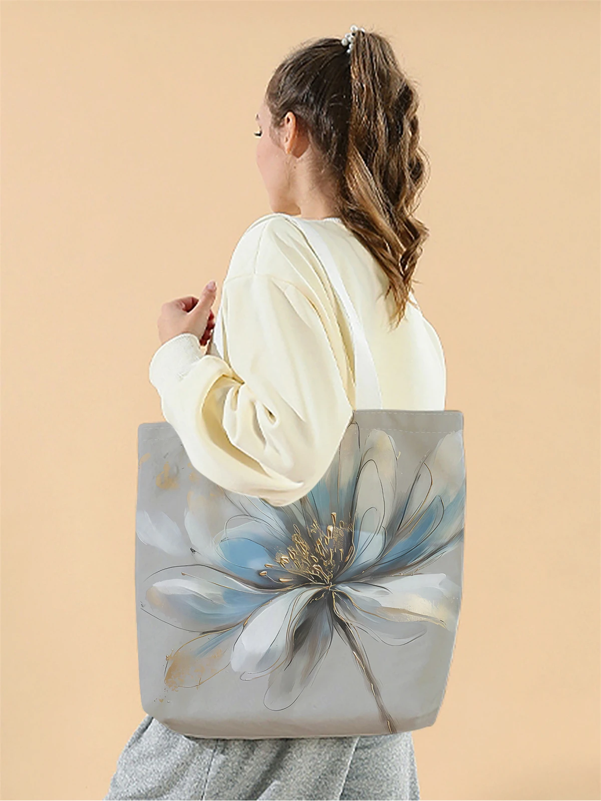 1pc,Colorful Flower Handbag, Reusable Fashion Handbag, Multi functional Handbag, Printed Canvas Shopping Bag