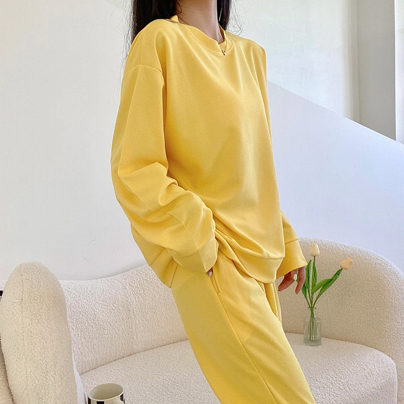 Spring and autumn pajamas women's loose and casual round neck can wear solid color plaid knitted cotton home clothes 2-piece set