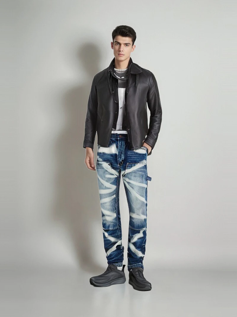 Washed and Whitened Lumberjack Model Vintage Work Pants Spliced Jeans Multi Mouth Practical Straight Men's Casual Pants A1327