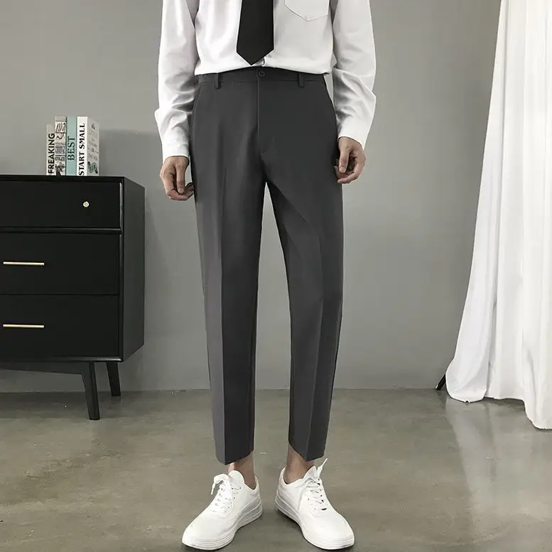 

Men's Solid Color Suit Pants Fashion Brand Korean Style Ankle Pants Casual New Male Formal Wear Office Trousers Straight E69