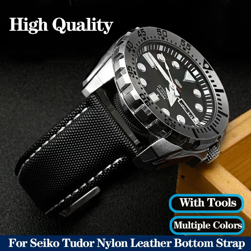 20Mm 21Mm 22Mm Nylon Canvas + Cinturino Inferiore In Pelle Per Seiko No. 5 Water Ghost Citizen Bm8475 Tudor Black Shield Bracciale