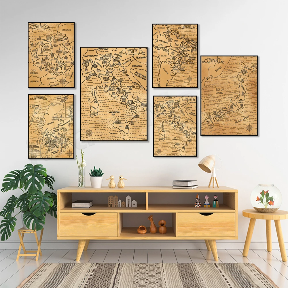 Vintage Italia, Scozia, Ucraina, Irlanda, Brasile, Svizzera, Giappone, Polonia, Usa, Taiwan Mappa Poster Stampa Su Tela