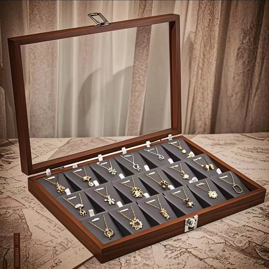 Walnut Wooden Nelace Pendant Jewelry Box 8K Gold Plated Chain Fine Bracelet Display Storage Box Korean Sle Unloed