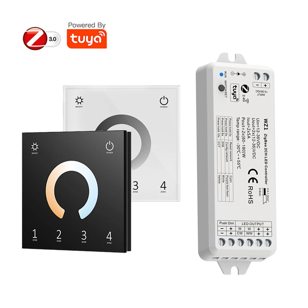 

Tuya Zigbee 2CH Led Controller 12V 24V Wall Mounted Touch Panel Control Dimmer CCT WW/CW Single Color Strip fr Alexa Google Home