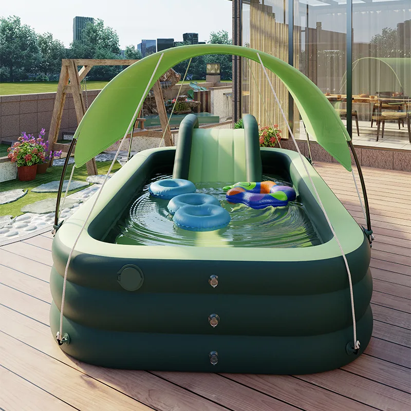 Inflatable Swimming Pool Inflatable Kid Swimming Pool with Awning Thicken PVC Large Children&rsquo;s Paddling Pool with Slide Outdoor Swimming Pools for Family
