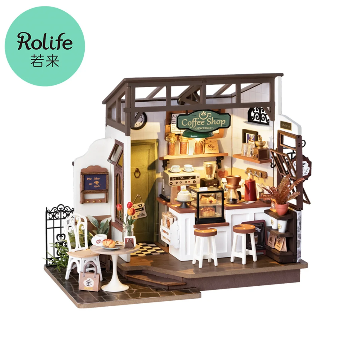 Rolife DIY Mini Dollhouse No 17 Cafe Model Kits DIY Coffee Shop Dollhouse Kids Miniature Fantasy Doll House Wooden Kit Toy