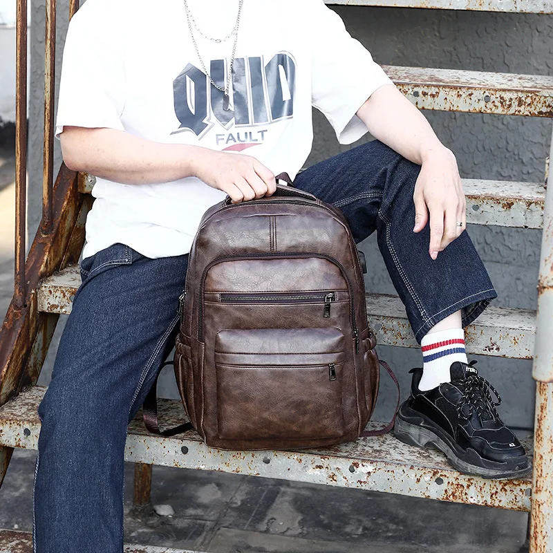 High Quality USB Charging Backpack Men PU Leather Bagpack Large Laptop Backpacks Male Schoolbag for Teenagers Boys Wholesale