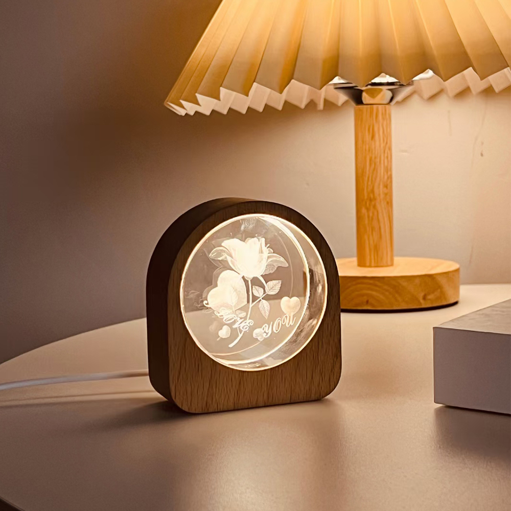 Led Crystal Ball Night Light 3D Inner Carved Mini USB Lamp Wood Base For Wedding Anniversary Birthday Room Support Custom Images