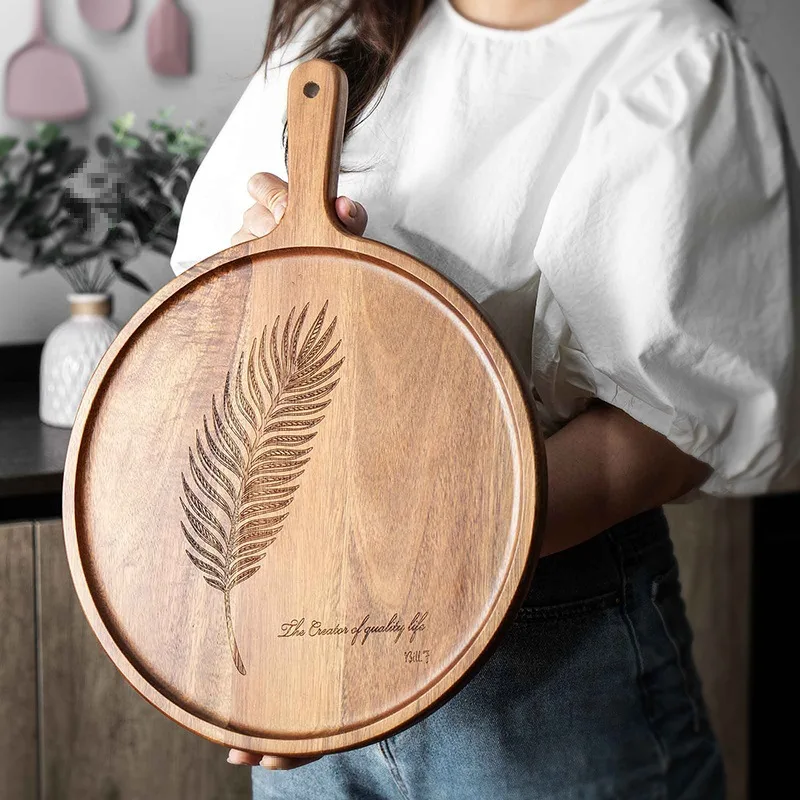 Wood Cheese Board With Handle Round Cutting Board for Pizza Tray Paddle Bread, Cheese Charcuterie, Fruit, Vegetable Steak Trays