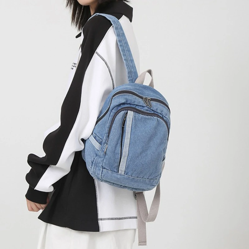 Vintage Denim Daypack Blue Jean Backpack Rucksack Double Shoulder Bag Schoolbag for University Vacation Travelling