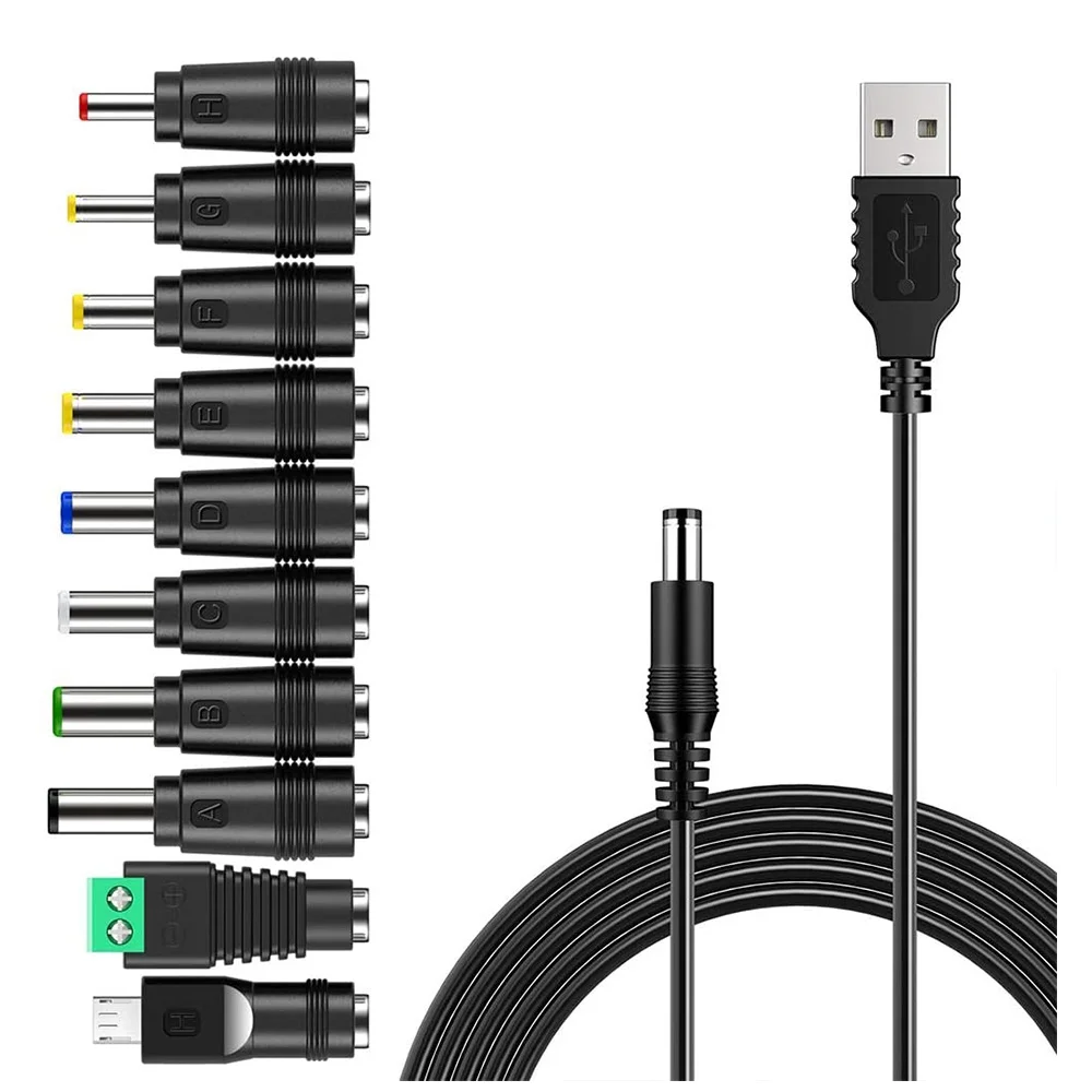 B02B-USB To DC Power Cable Universal USB To DC Jack Charging Cable Power Cord with 10 Interchangeable Plug Connectors Adapter