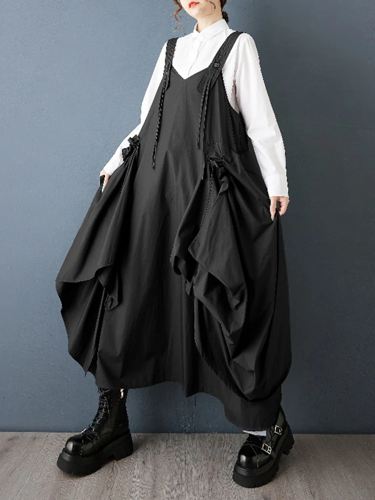 Sleeveless Pleated Black Vintage Straps Dresses For Women New Loose Casual Spring Autumn Dress Robe Elegant Fashion Clothes 2025