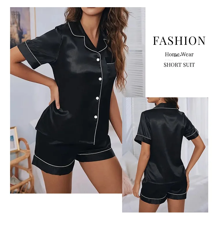 Pyjama femme deux pièces vue face et dos col rabattu boutonné