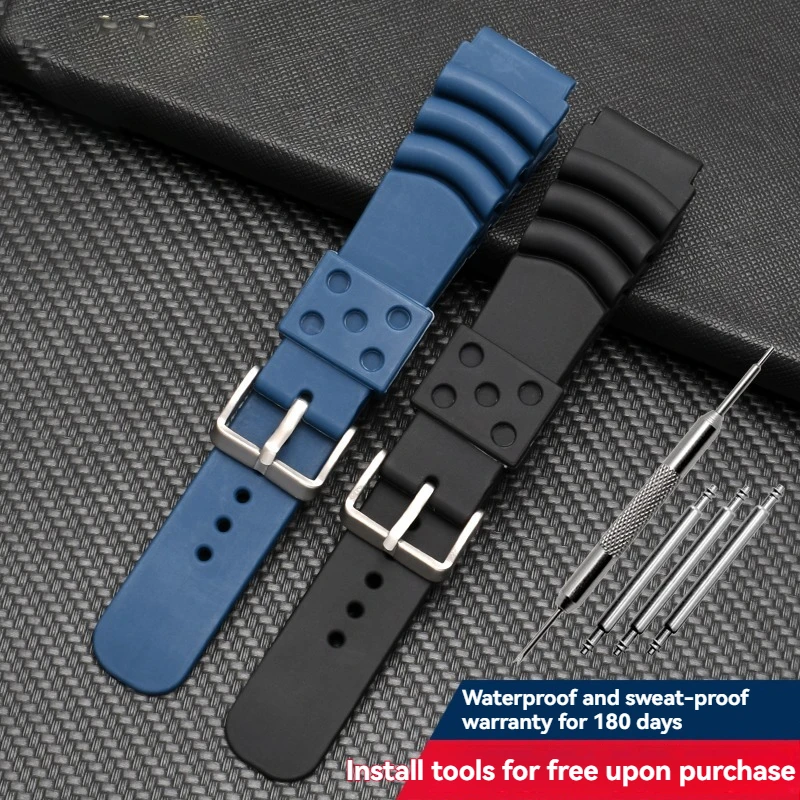 Durable Silicone Dive Strap – Black Blue Waterproof Watch Band with Pin Buckle