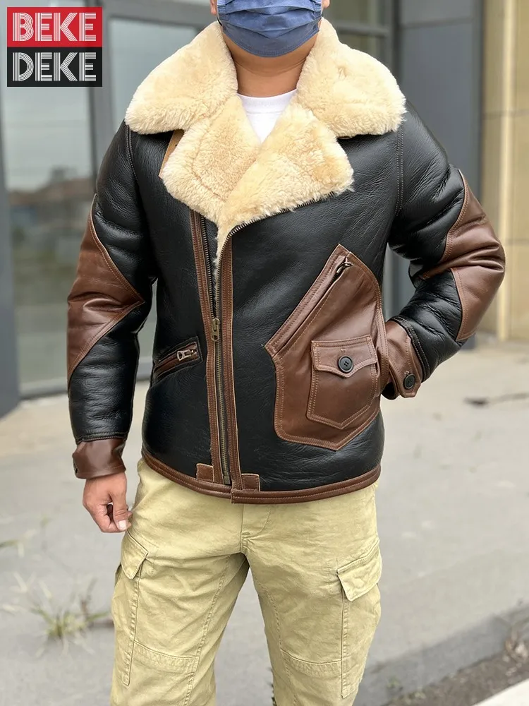 

Winter Mens Genuine Leather Real Fur Flight Jacket Thick Warm Wool Lining Coat Patchwork Slim Fit Sheepskin Overcoat Plus Size