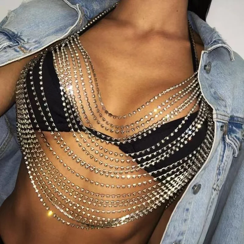 Bling Rhinestone sexy bra chain body jewelry women's crystal bra party jewelry  body chain nightclub bikini suspenders underwear