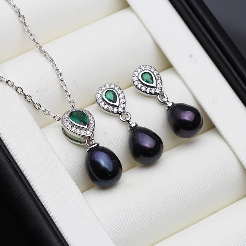Real 925 Sterling Silver Necklace Natural Pearl Jewelry Sets For Women Bohemian Stud Earrings Sapphire Pendant